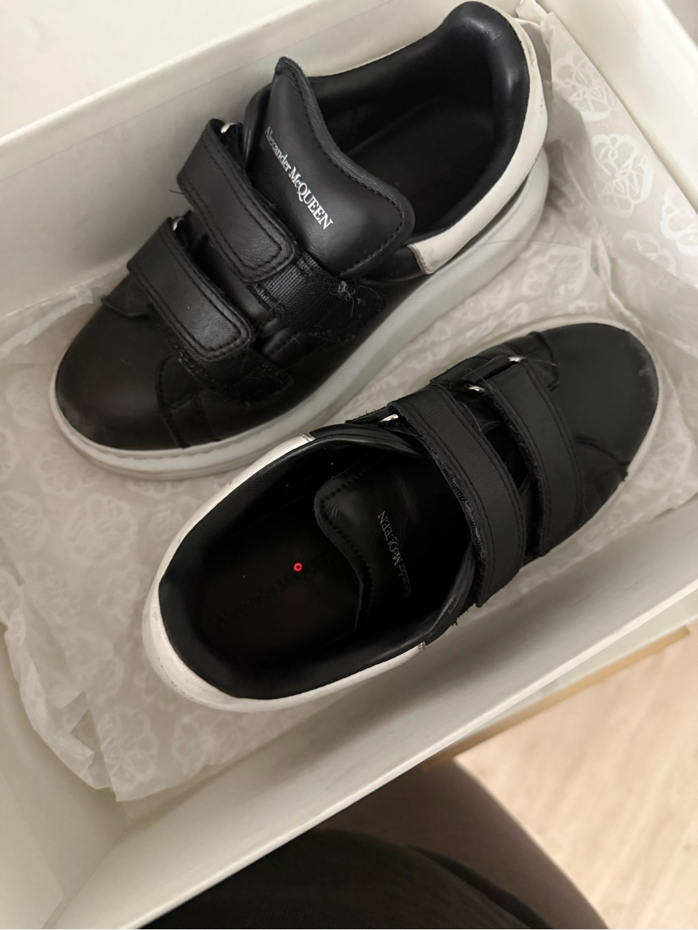 Alexander McQueen Black and White Kids Leather Velcro Sneakers